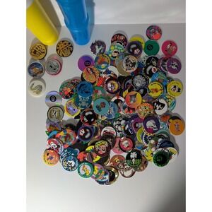 Lot of Assorted Vintage 90's Pogs with 5 Slammers + 2 Pog Storage Tubes